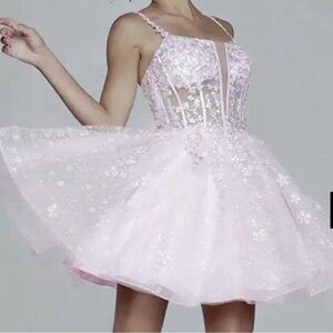 Jovany Sheer Mini Mesh Lavender/Silver Sequins Formal Dress wi/Corset Lace Siz 2